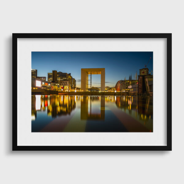 Reflections of the Grande Arche in Agam's monumental fountain Sebastien Desnoulez Fine Art print One image for rever frame passe partout